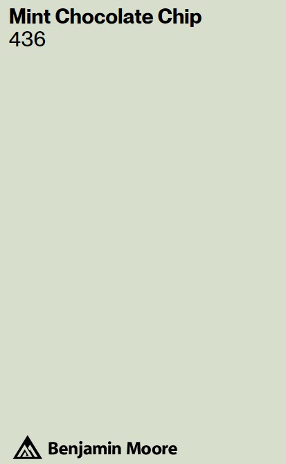 Benjamin Moore Mint Chocolate Chip BM 436 paint color swatch. #bmmintchocolatechip #mintgreenpaintcolors