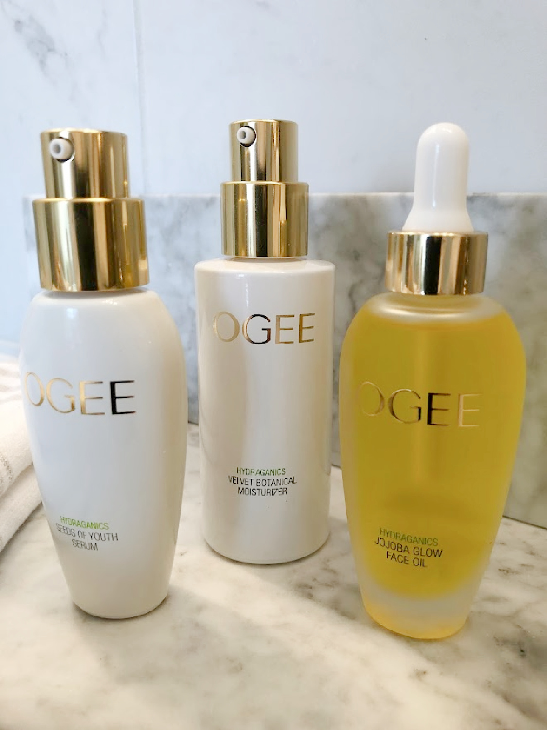 OGEE's organic skincare on my vanity - Glow Trio with jojoba oil...yum! Hello Lovely Studio. #ogee #organicskincare 
