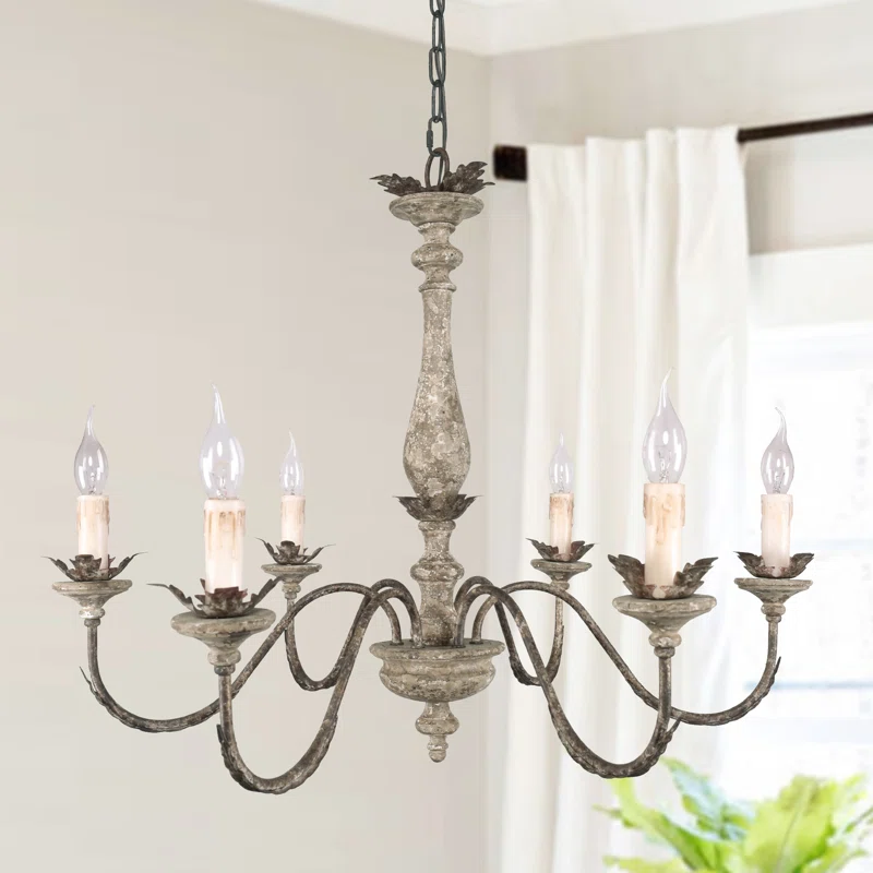 6-Light French country Old World distressed antiqued candle style chandelier.