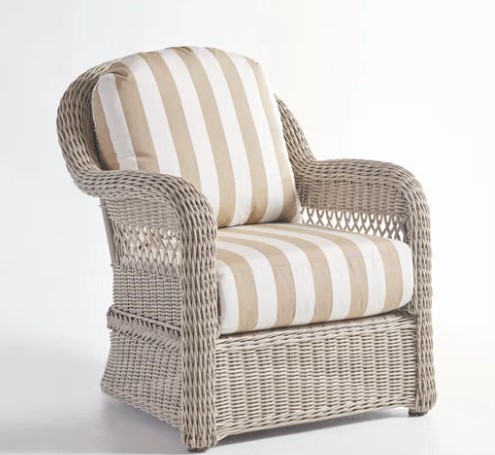 Reavis Outdoor Rattan Patio Chair with stripe cushion. #patiofurniture