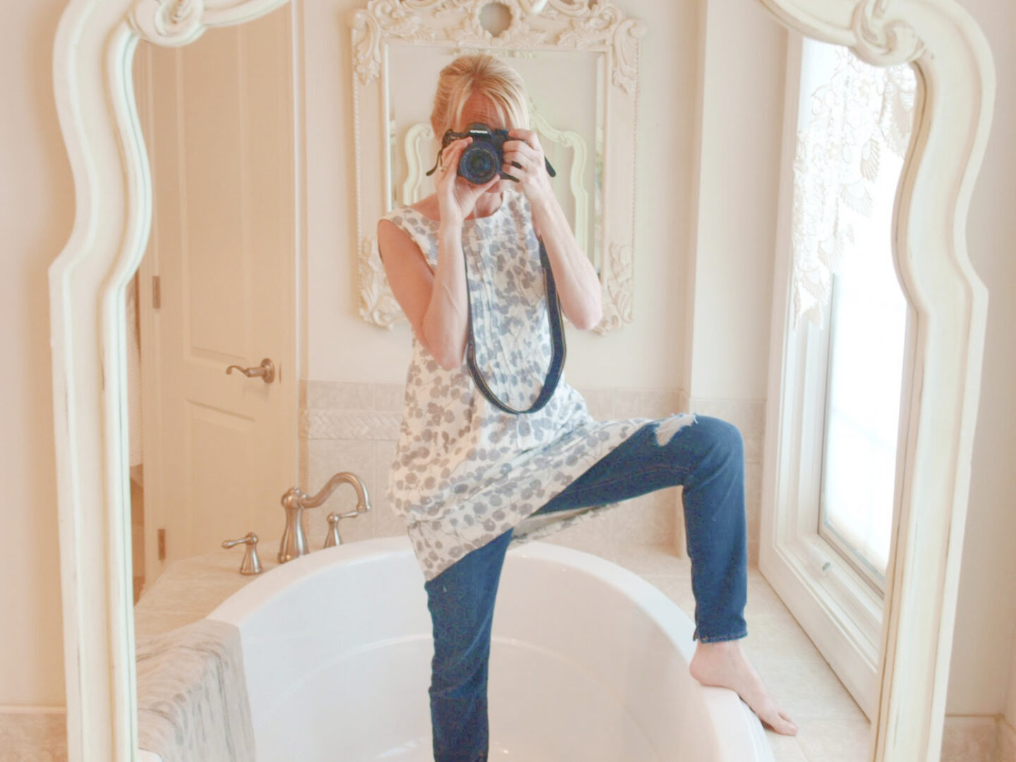 BM White Sand in our French country white bathroom - Hello Lovely Studio. #bmwhitesand