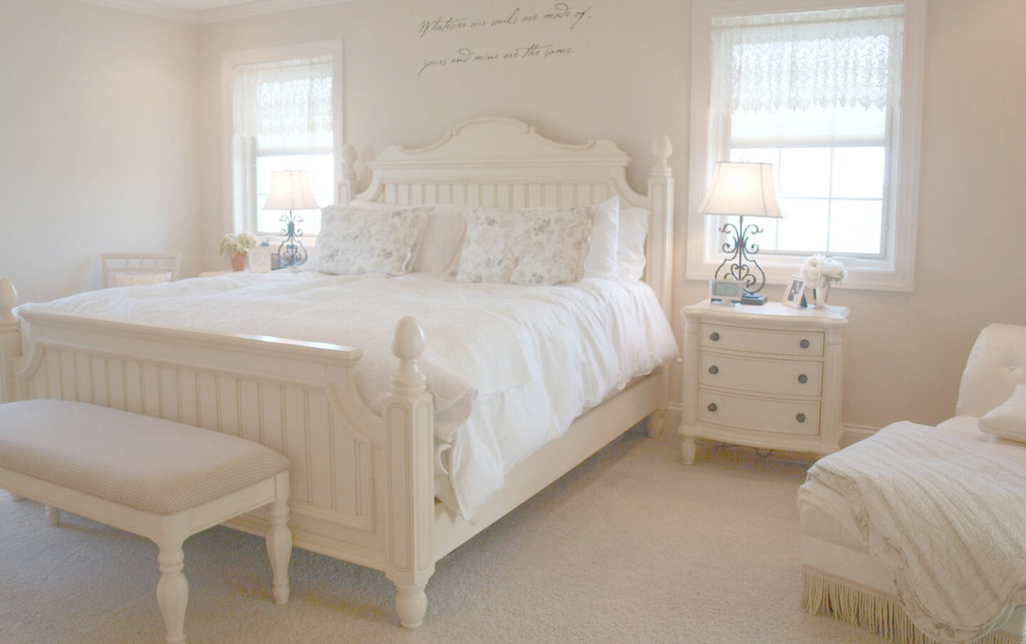 BM White Sand in our French country white bedroom - Hello Lovely Studio. #bmwhitesand