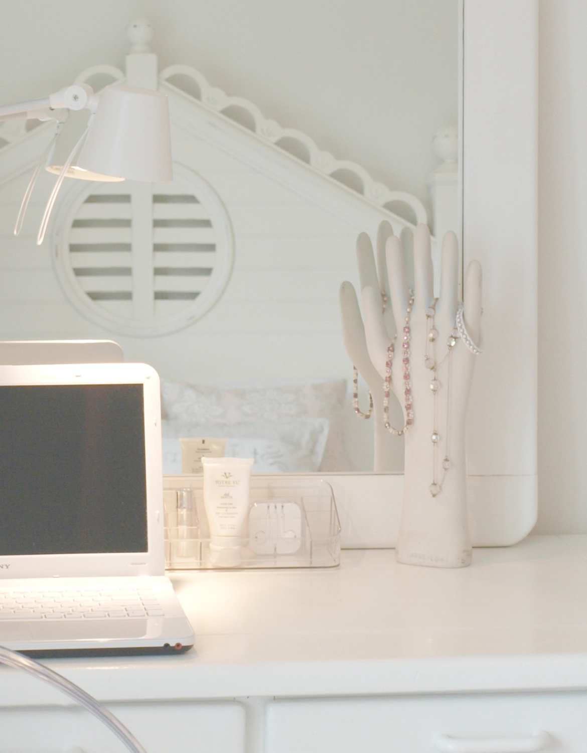 BM White Sand in a bedroom with cottage style headboard - Hello Lovely Studio.