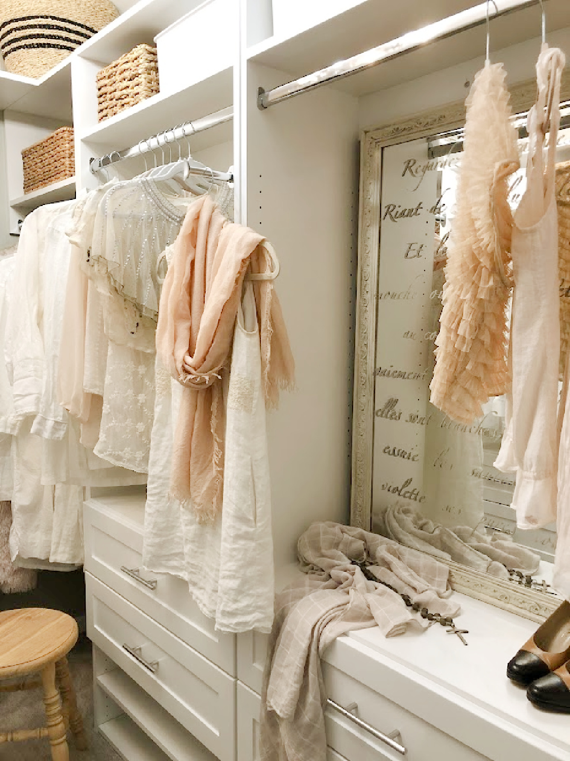 Hello Lovely's DIY custom closet with white Shaker style towers and drawers (Modular Closets). See the before/after photos and find tips for a successful closet upgrade. #diycloset #customclosetideas #closetmakeover #closetmodules #diyclosetmakeover