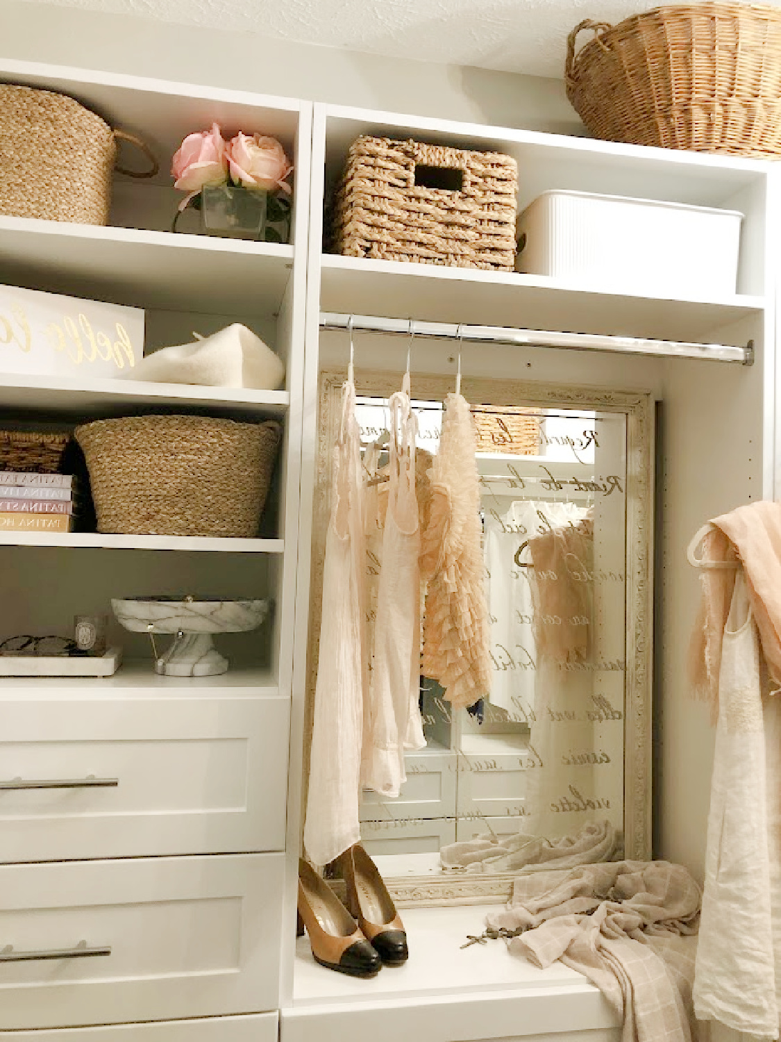 Hello Lovely's DIY custom closet with white Shaker style towers and drawers (Modular Closets). See the before/after photos and find tips for a successful closet upgrade. #diycloset #customclosetideas #closetmakeover #closetmodules #diyclosetmakeover