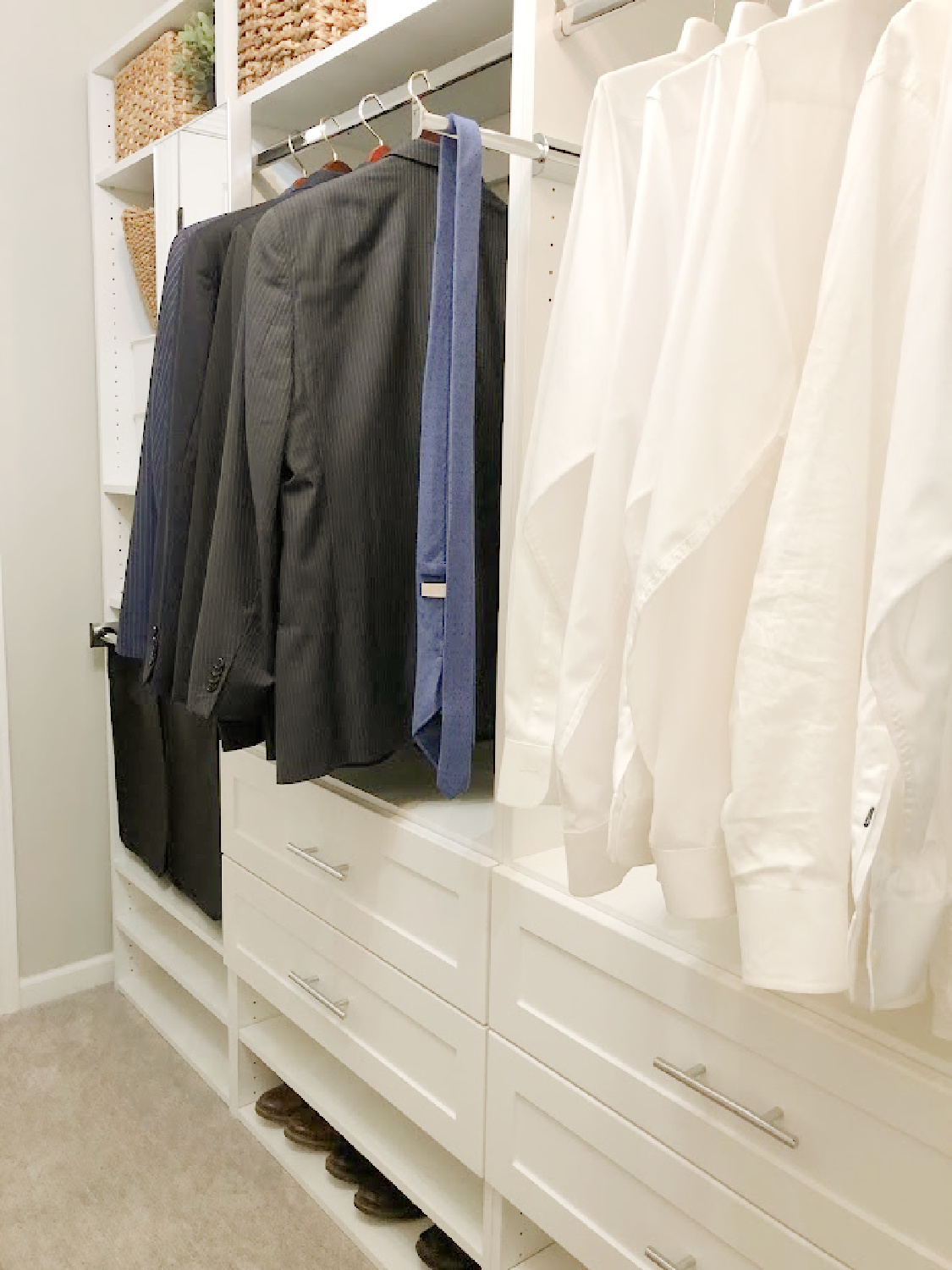 Hello Lovely's DIY custom closet with white Shaker style towers and drawers (Modular Closets). See the before/after photos and find tips for a successful closet upgrade. #diycloset #customclosetideas #closetmakeover #closetmodules #diyclosetmakeover