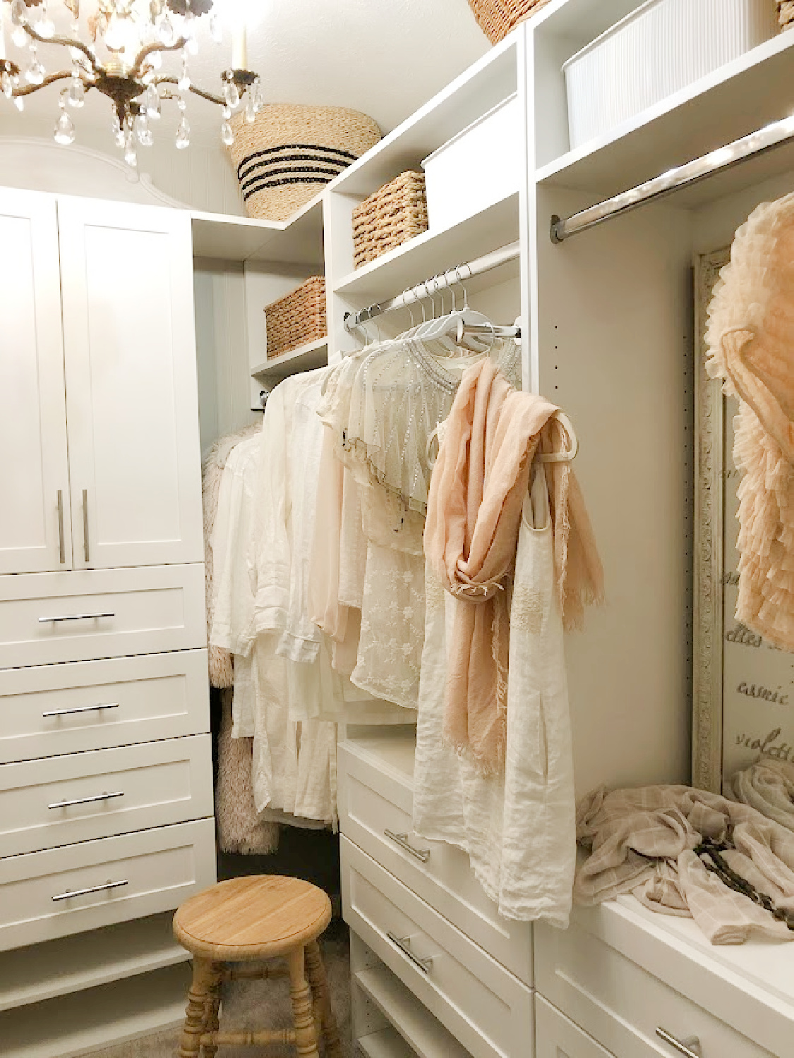 Hello Lovely's DIY custom closet with white Shaker style towers and drawers (Modular Closets). See the before/after photos and find tips for a successful closet upgrade. #diycloset #customclosetideas #closetmakeover #closetmodules #diyclosetmakeover