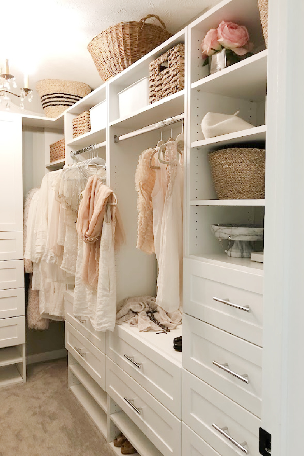 Hello Lovely's DIY custom closet with white Shaker style towers and drawers (Modular Closets). See the before/after photos and find tips for a successful closet upgrade. #diycloset #customclosetideas #closetmakeover #closetmodules #diyclosetmakeover