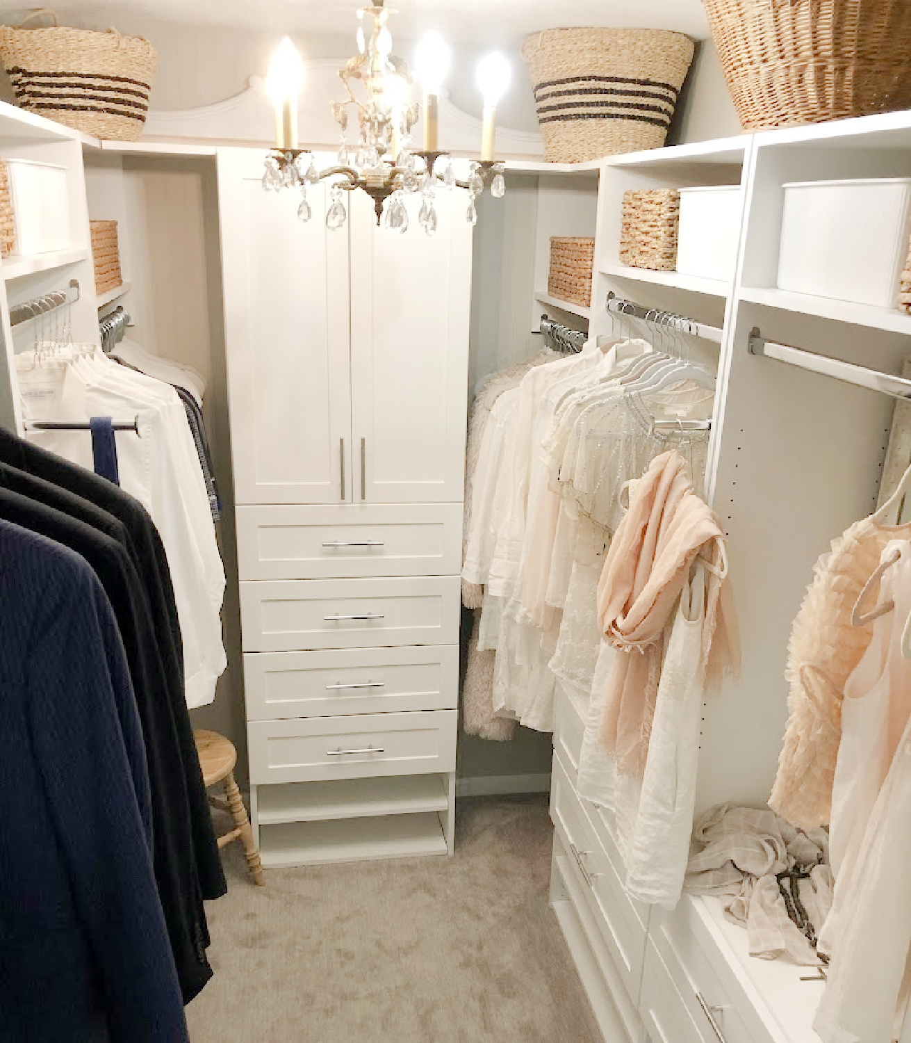 Hello Lovely's before & after walk-in closet shares a custom closet DIY with white Shaker style towers and drawers from Modular Closets. This his and hers closet makes the most of every inch. #closetupgrades #diycloset #customclosetideas #closetmakeover #closetmodules #diyclosetmakeover