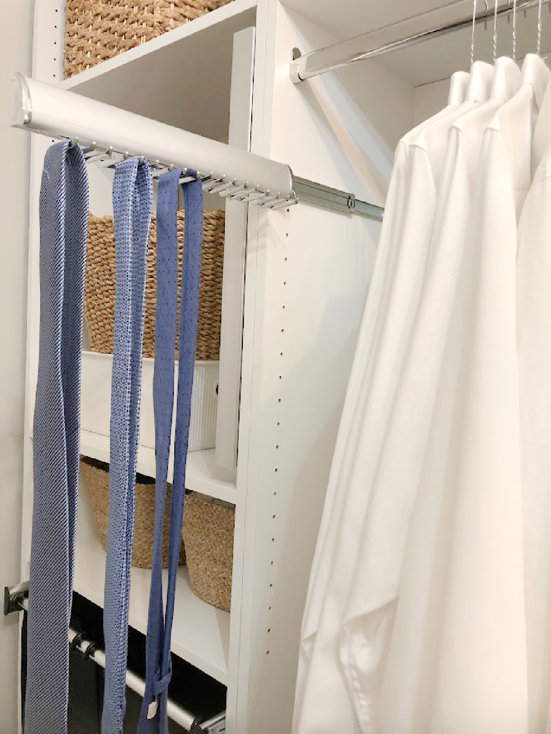 Tie rack in my husband's side of the Modular Closets custom closet - Hello Lovely. #customclosetaccessories #diycloset