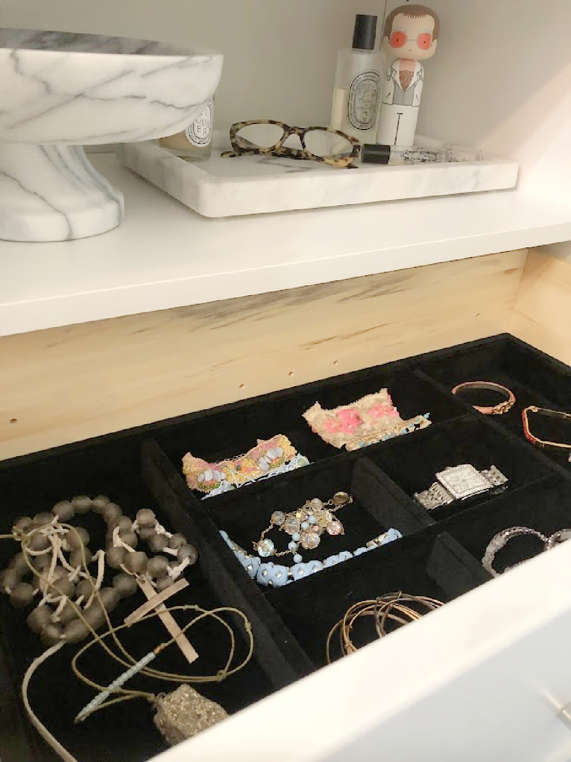 Jewelry organizer drawer insert from Modular Closets for Hello Lovely's custom DIY closet makeover. #jewelryorganizers