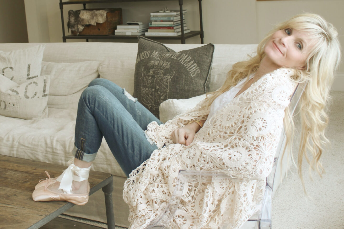 Michele in pointe shoes in her Belgian style living room - Hello Lovely Studio.