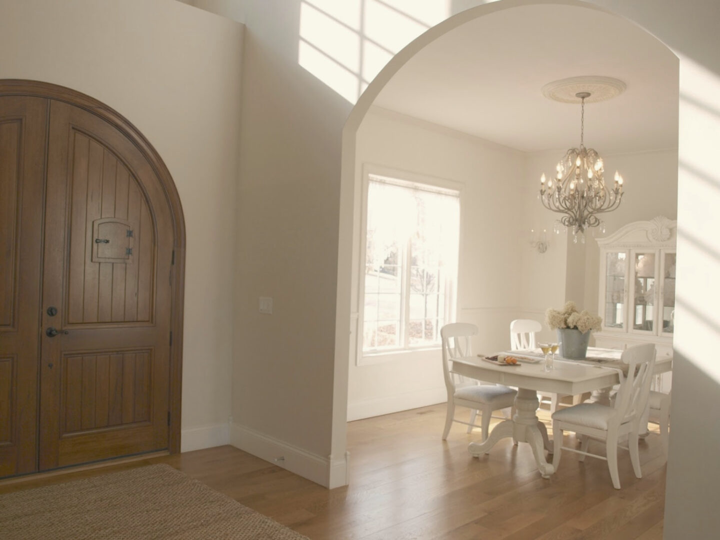 BM White Sand in our French country dining room with antique grainsack runner and galvanized bucket of hydrangea - Hello Lovely Studio. #hellolovely #bmwhitesand #frenchcountrywhites