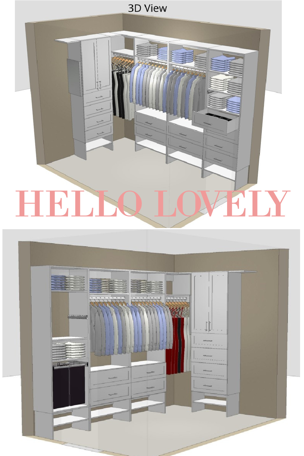 A 3-D rendering from Modular Closets of our custom closet design - Hello Lovely. #customclosetdesigns #closetmodules #closettowers #diycloset