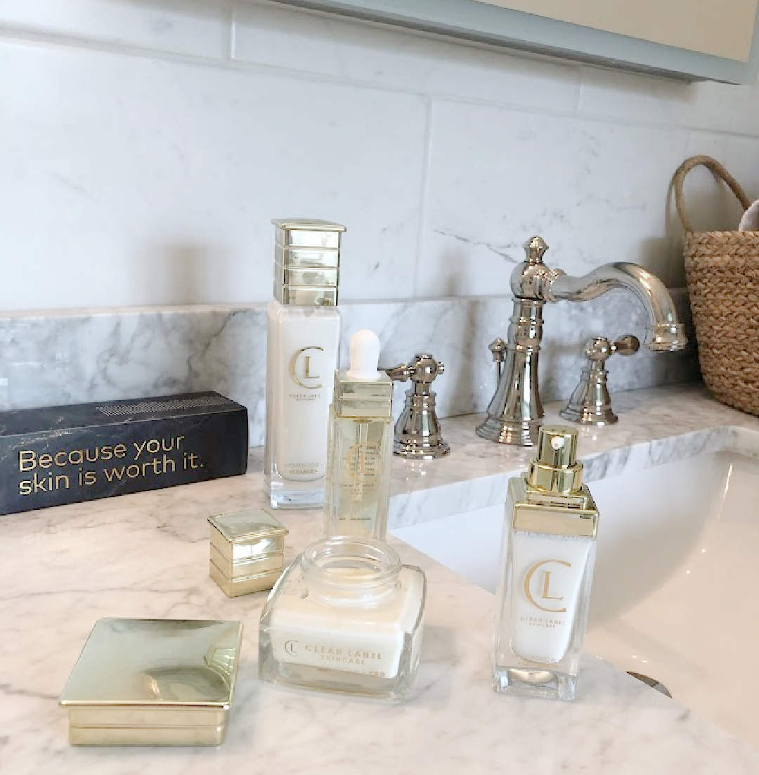 Clear Label Skincare essentials on my bathroom vanity - Hello Lovely Studio. #cleanskincare #clearlabelskincare