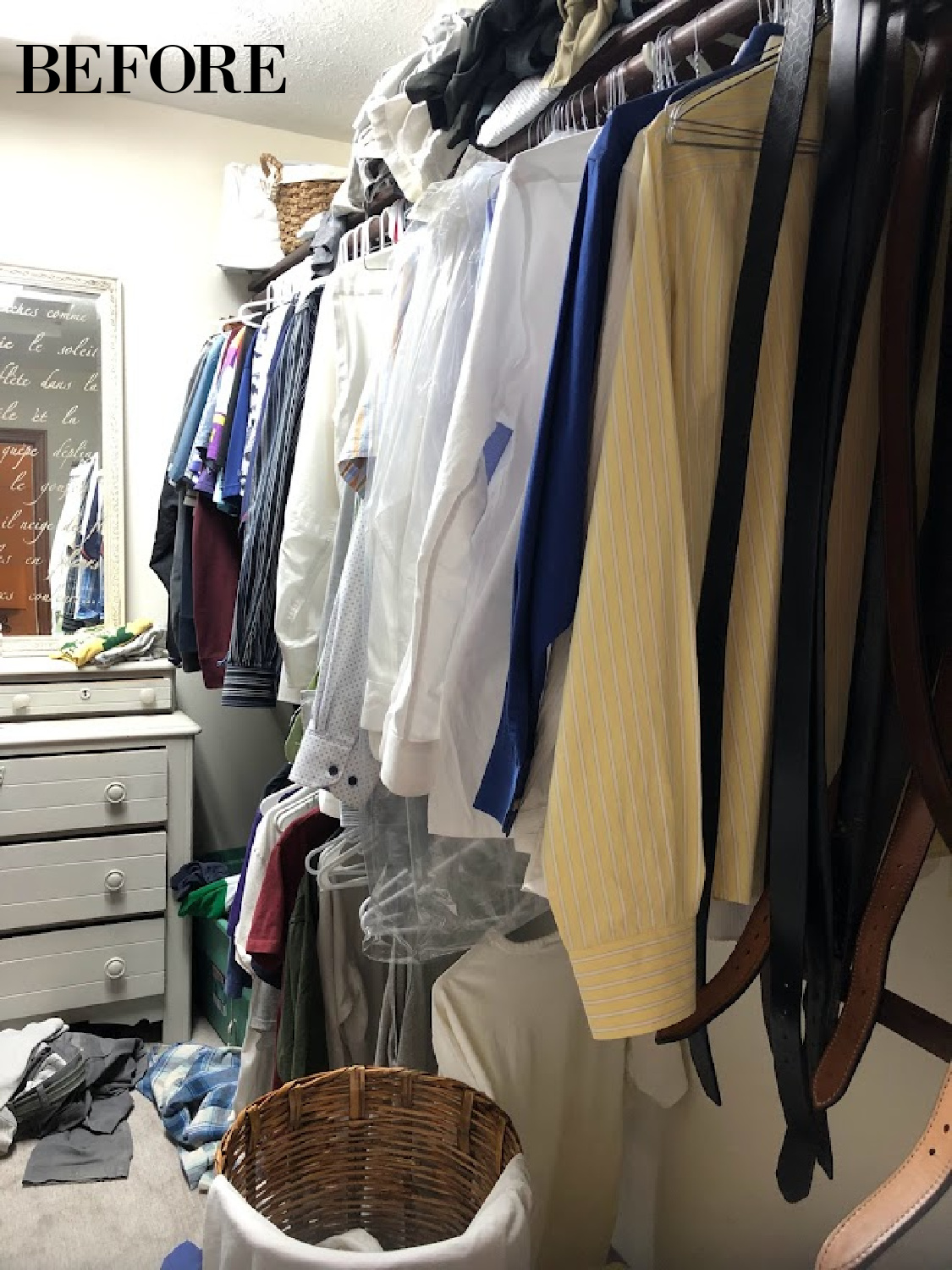 Our bedroom closet BEFORE with hanging rods and an old rickety dresser - Hello Lovely.