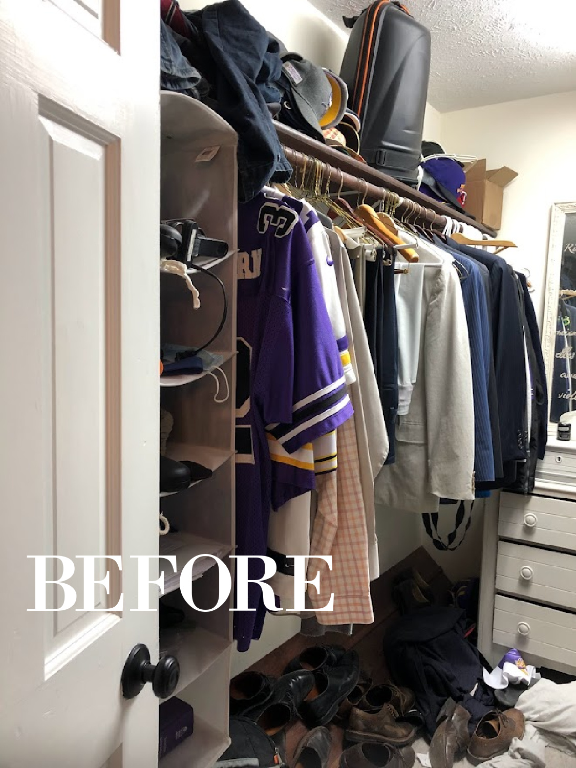 Our bedroom closet BEFORE with hanging rods and an old rickety dresser - Hello Lovely.