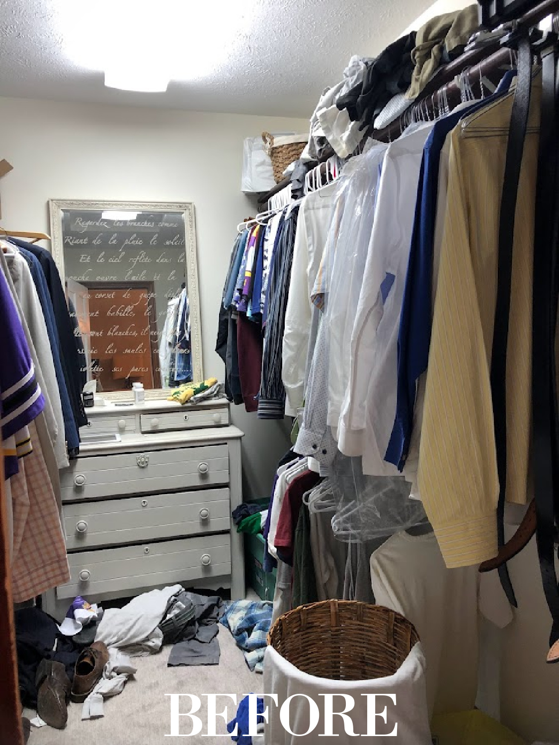 Our bedroom closet BEFORE with hanging rods and an old rickety dresser - Hello Lovely.