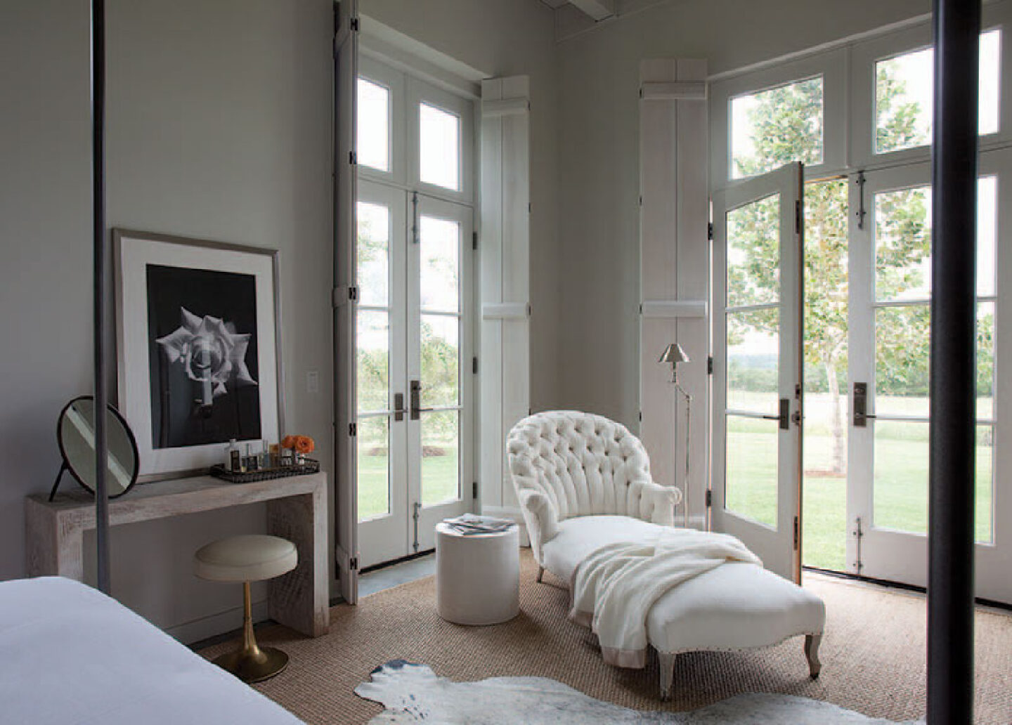 Modern French farmhouse bedroom in home near Round Top, TX, designed by Kirby Mears for Eleanor Cummings, interior designer.