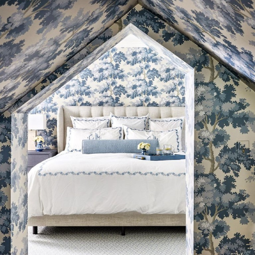 Beautiful blue tree wallpaper in a coastal bedroom by Griffith Bly Interiors (Photo by Stacy Zarin Goldberg). #bluebedrooms