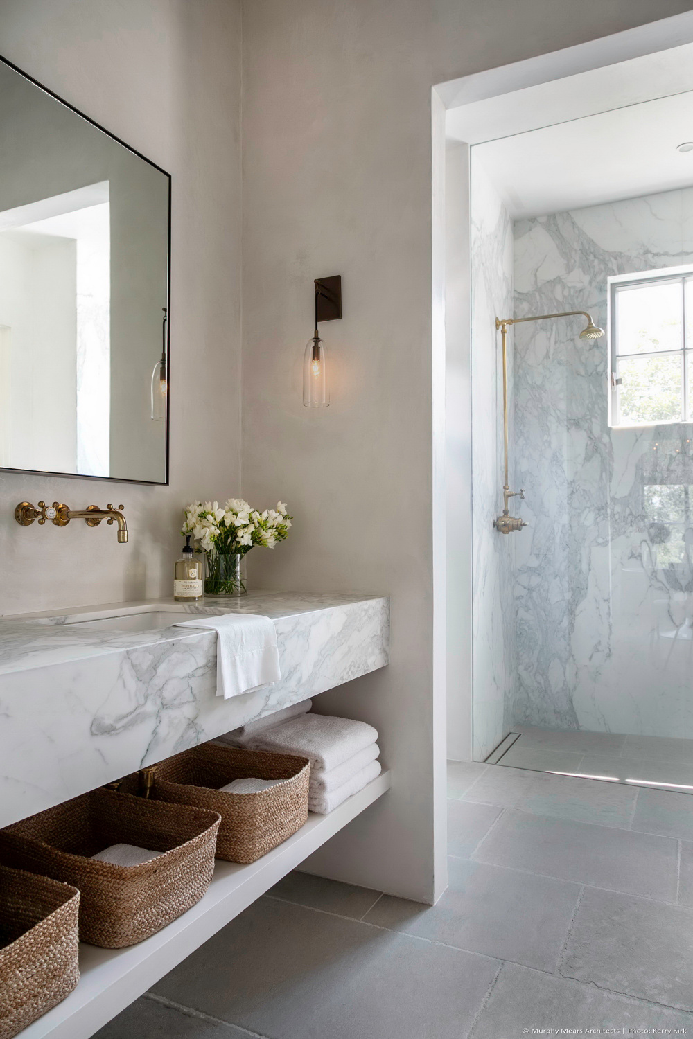Luxurious marble bath in Kirby Mears designed home for Jill Egan in Houston.