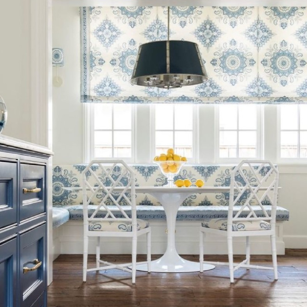 Blue and white kitchen breakfast nook with Schumacher's Montecito Medallion paisley print fabric (a collab with @markdsikes_interiors)Design: @mungerinteriors/Photo: @michaelhunterphoto