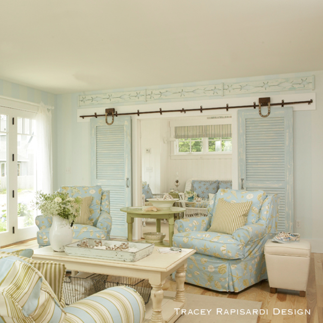 Valspar Seaside Retreat Summer Sorbet turquoise paint in a coastal cottage with soft muted blues - design by Tracey Rapisardi. #turquoiseinterior #turquoisepaintcolors