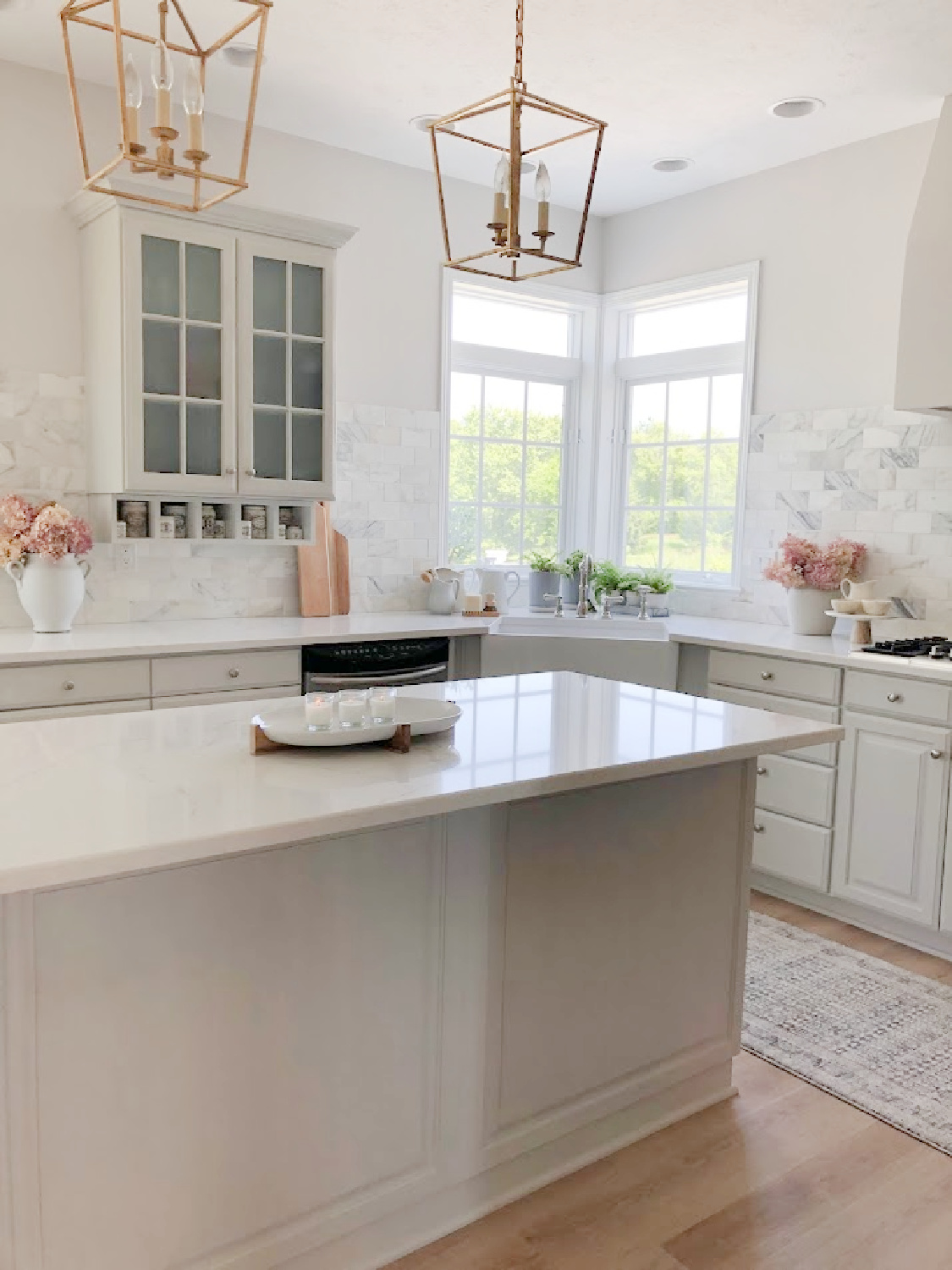 Amber Lewis x Loloi runner rug in my modern French kitchen with Muse quartz (Viatera) - Hello Lovely Studio. #modernfrench #greykitchens #viateramuse