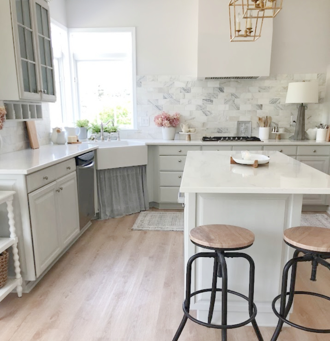 Amber Lewis x Loloi runner rug in my modern French kitchen with Muse quartz (Viatera) - Hello Lovely Studio. #modernfrench #greykitchens #viateramuse