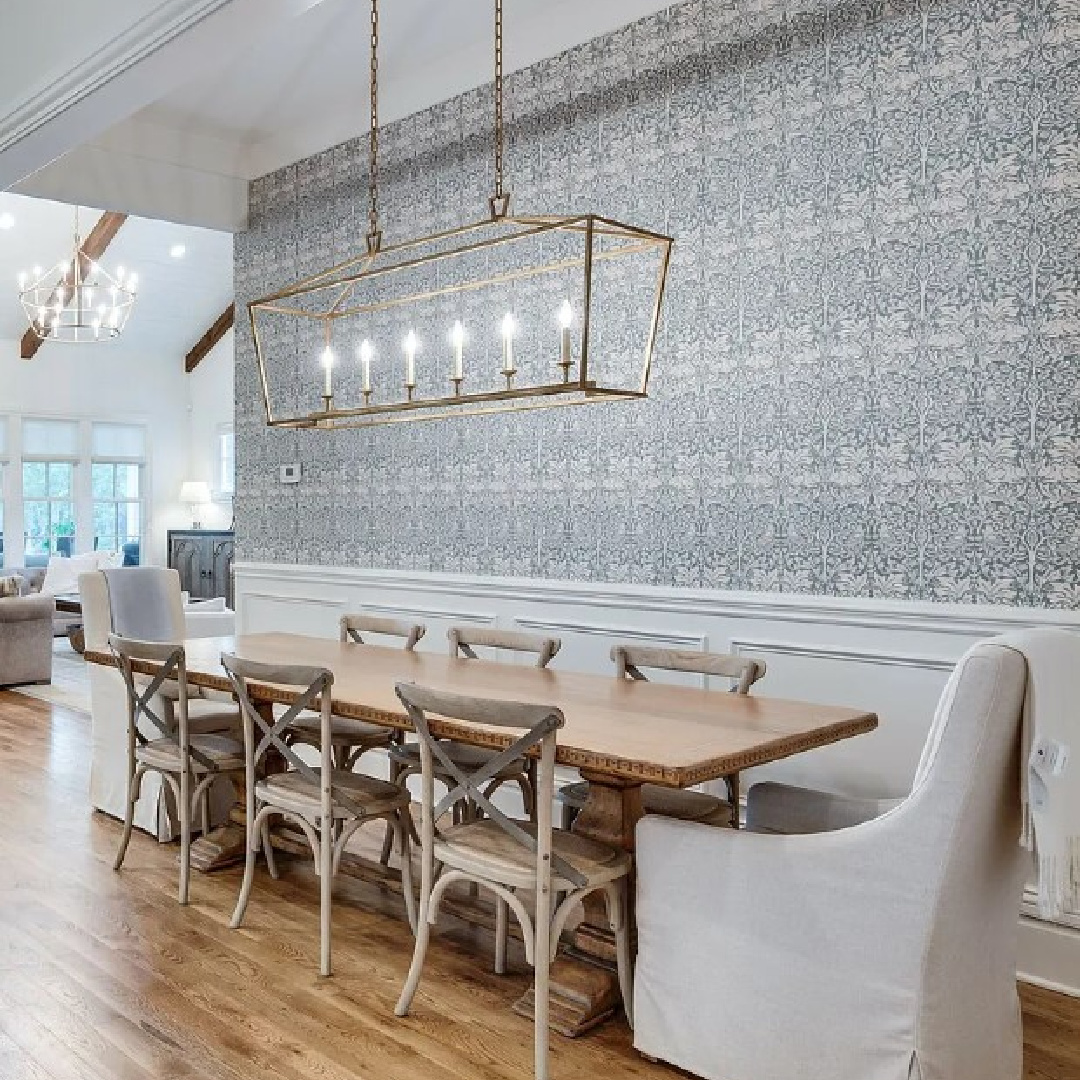 Informal dining area with lantern style pendant and blue wallpaper in a stunning 1870 historic Franklin, TN home on Murfreesboro Rd. #bluediningrooms