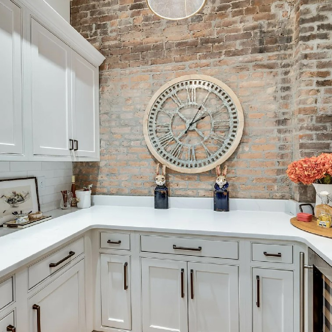 Original brick wall in a lovely butler pantry in a 1870 historic home (Murfreesboro Rd) in Franklin, TN. #pantrydesign