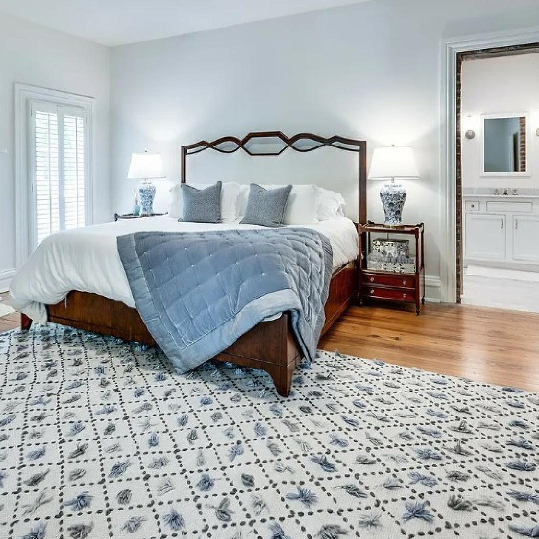 Beautiful traditional light blue bedroom at a stunning 1870 property on Murfreesboro Rd in Franklin, TN. #historichomes #bluebedrooms