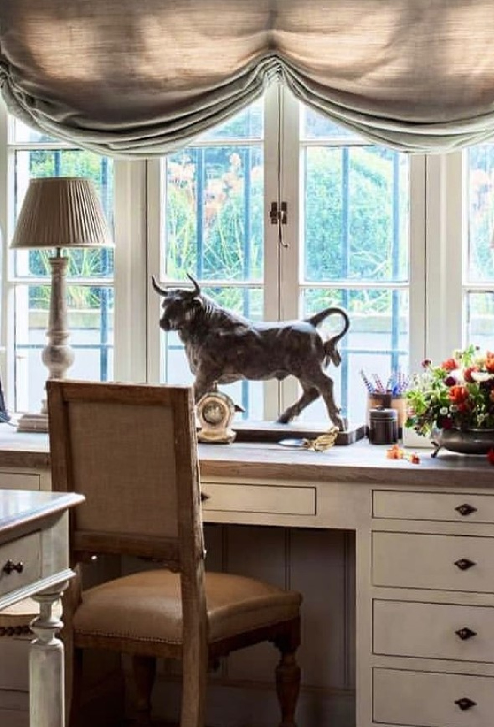 @figura.co.uk - Lovely desk area with Belgian linen chair. #belgianinteriors