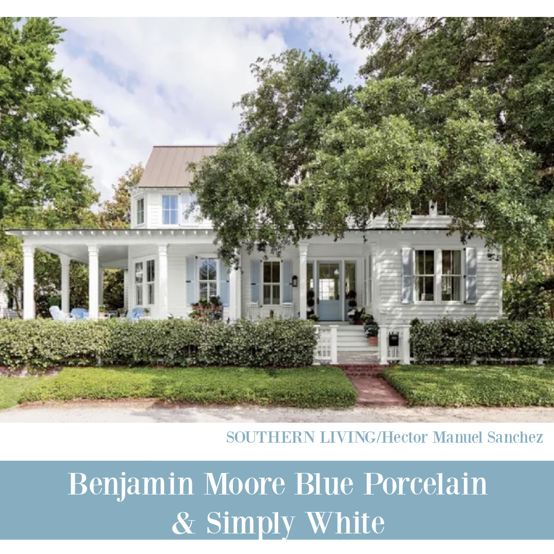 Benjamin Moore Blue Porcelain on shutters of beautiful Charleston farmhouse with wraparound porch (Simply White on siding) - Julia Berolzheimer's home in Southern Living (photo: Hector Manuel Sanchez). #bmblueporcelain #bmsimplywhite