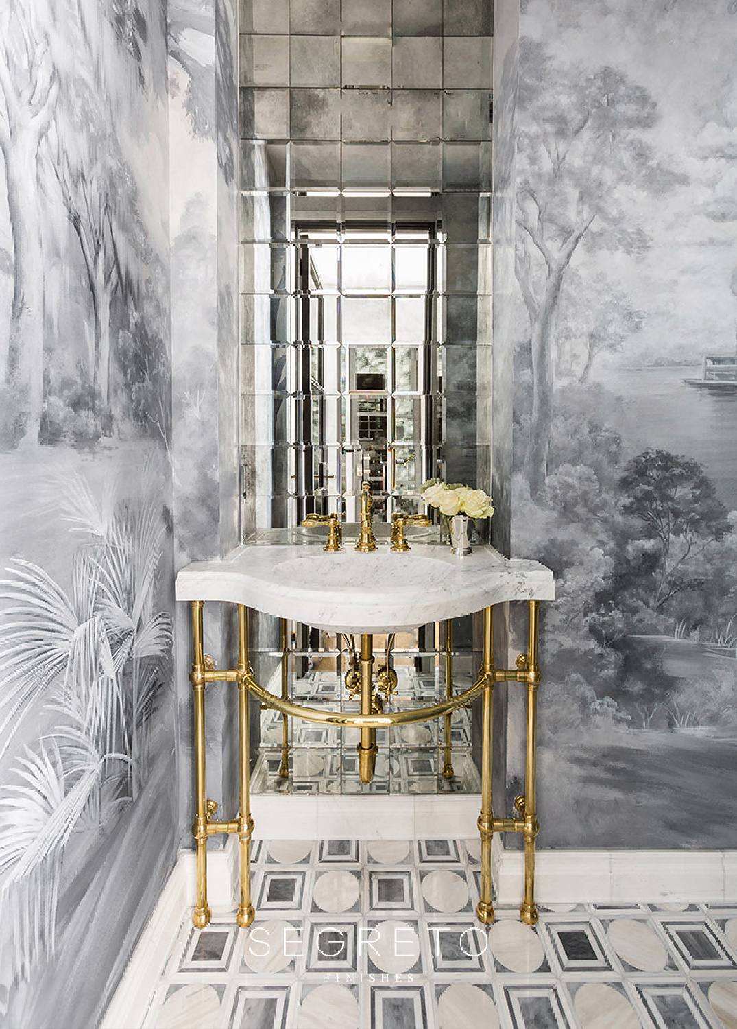 Beautiful painted mural with trees in a timeless, breathtaking bath with console sink - Segreto Finishes.