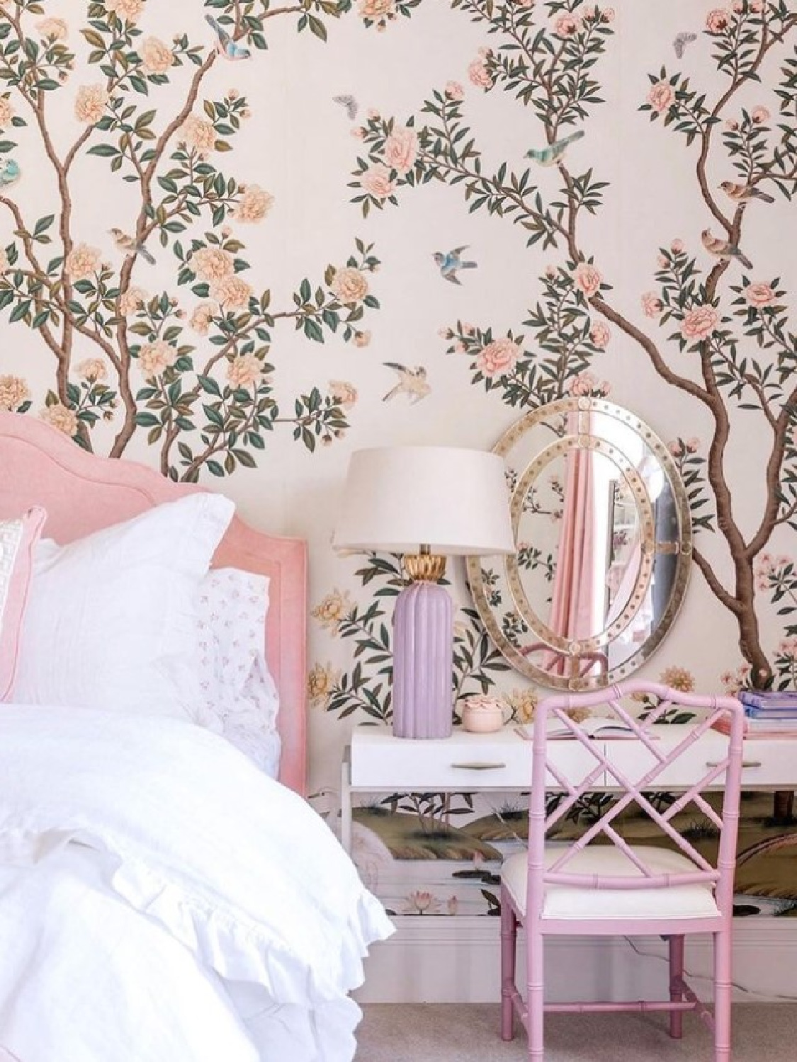 @alicelaneinteriors - Beautiful pink wallpaper in a bedroom. #bedroomdesign #bedroomwallpaper #pinkbedrooms
