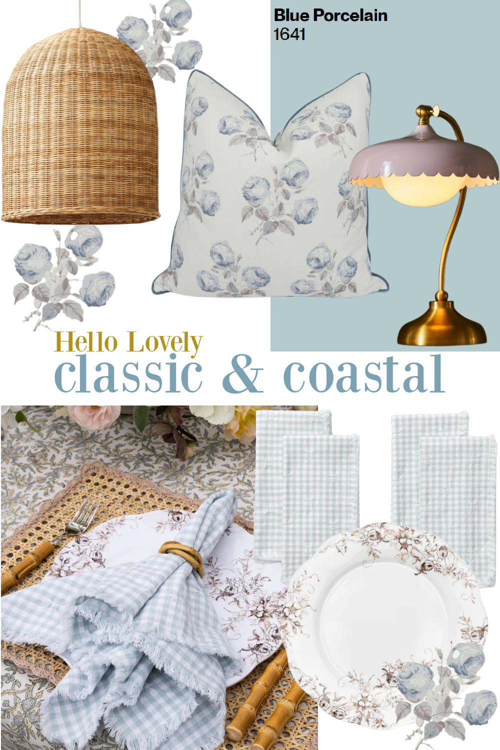 Classic & Coastal mood board by Hello Lovely with home decor resources to score a stunning seaside retreat inspired look. #coastaldecor #classicinteriordesign