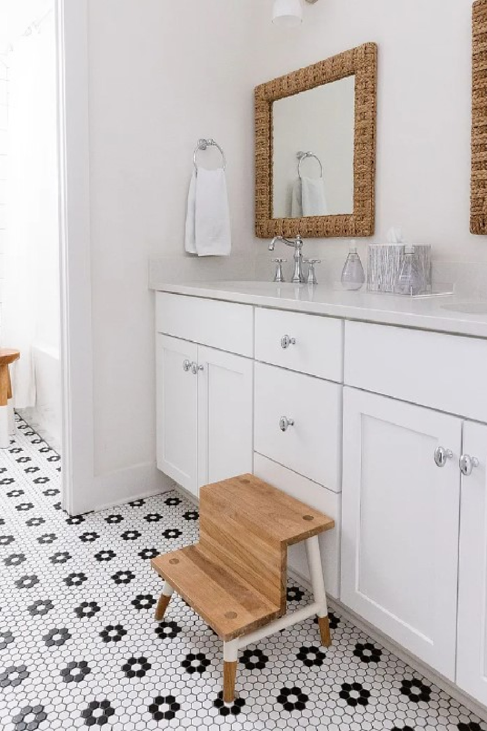Classic white bathroom with charming tile floor in a property on Eliot Rd in Franklin, TN. #bathroomtile