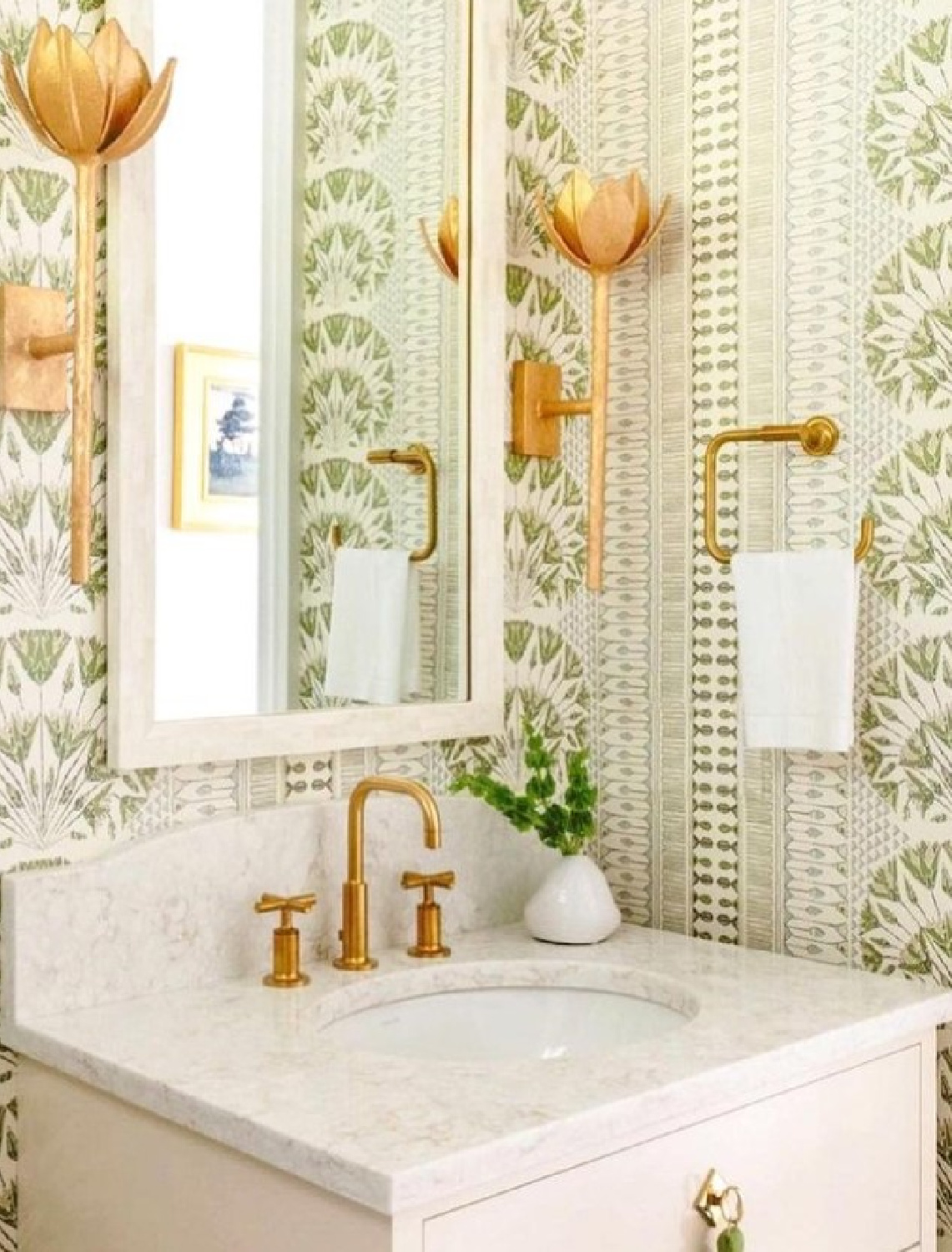 @erincondroninteriors - Beautiful green wallpaper in a bath. #bathroomdesign #bathroomwallpaper
