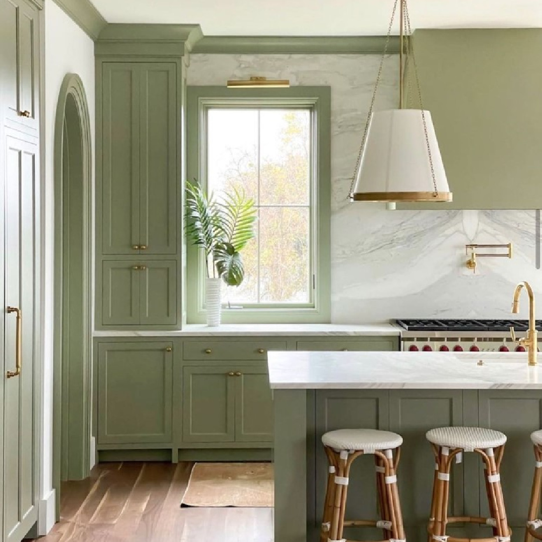 @ag.interiors - Farrow & Ball Lichen paint color in kitchen. #farrowandballlichen #greenkitchens
