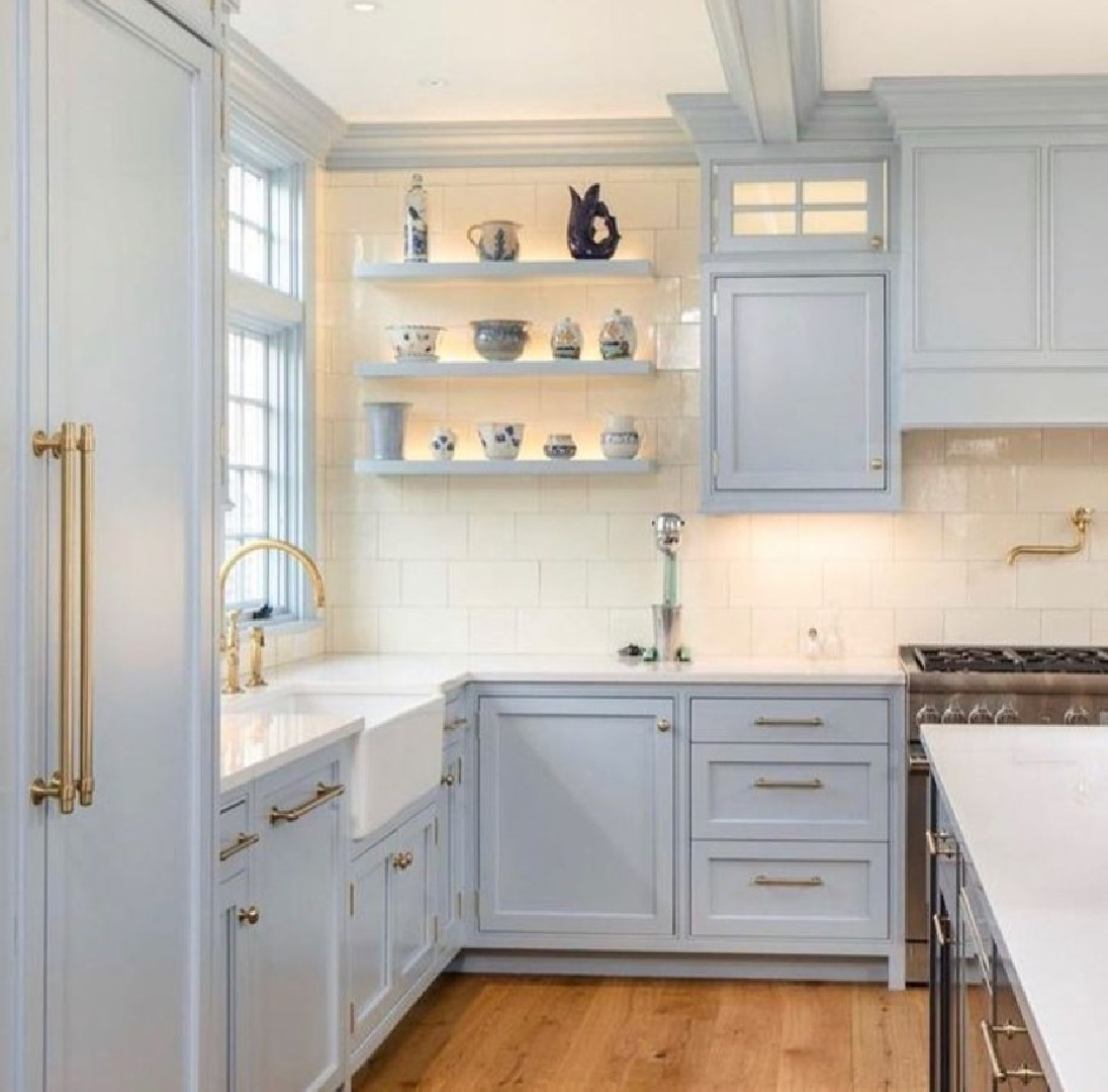 #costello_fine_homes - Farrow & Ball Parma Gray painted kitchen. #farrowandballparmagray #bluekitchens #bluekitchencabinets