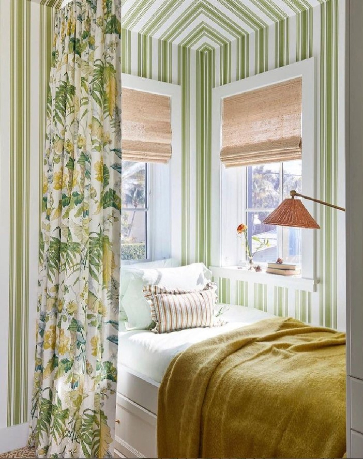 @summerthorntondesign - Farrow & Ball Tented Stripe wallpaper in a bedroom nook. #farrowandballwallpaper #summerthornton