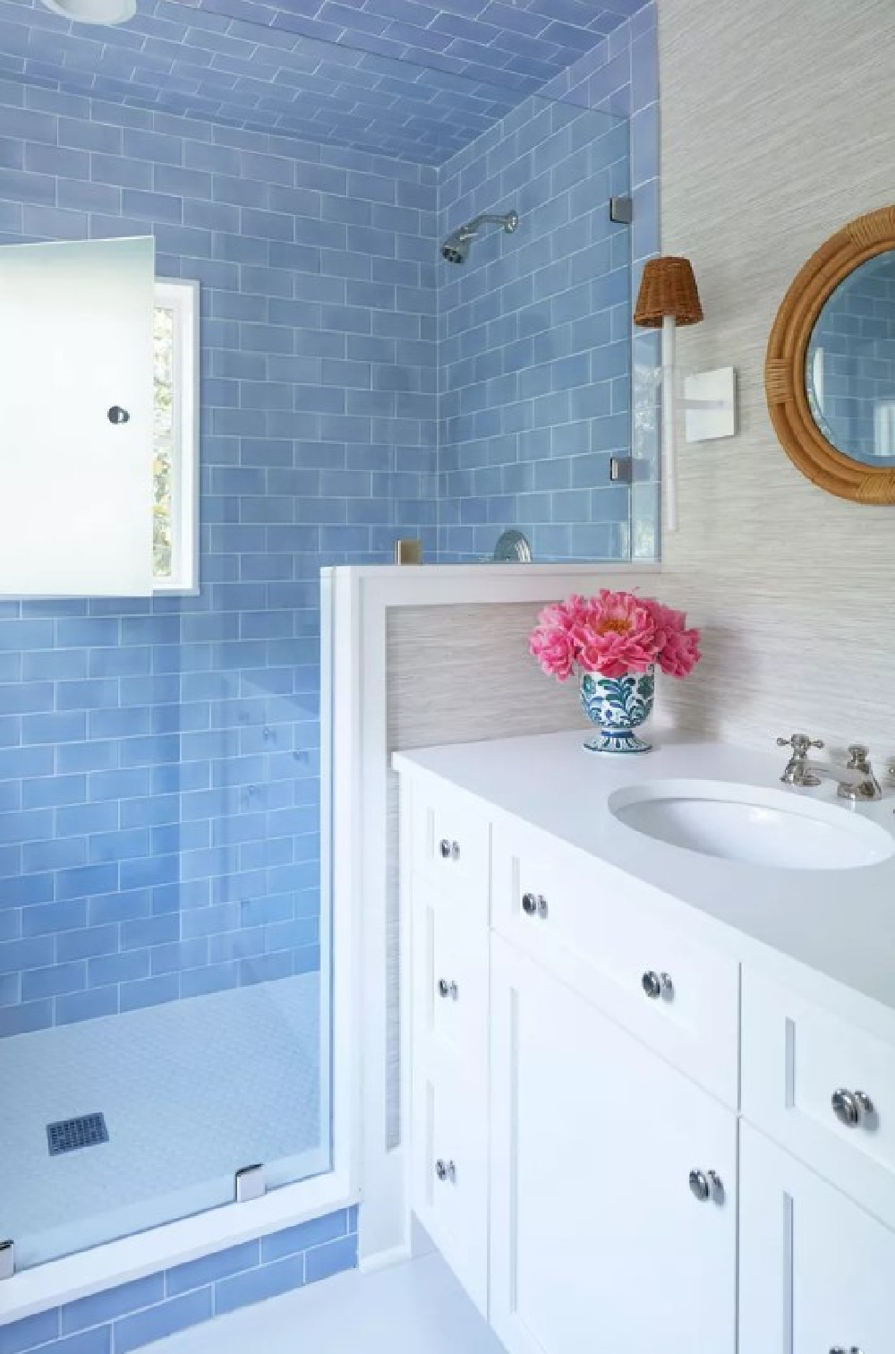 Caribbean blue tile in a shower of guest room - Julia Berolzheimer's home in Southern Living (photo: Hector Manuel Sanchez). #bluetile #brightbluebathroom