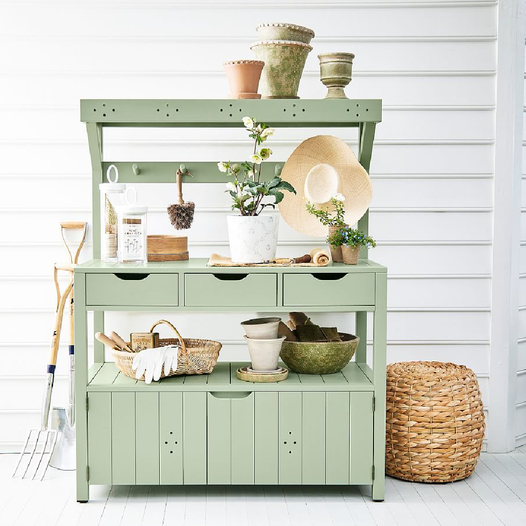 Sage green Potting station from Julia Berolzheimer collection with Pottery Barn. #pottingbench #gardeningfurniture