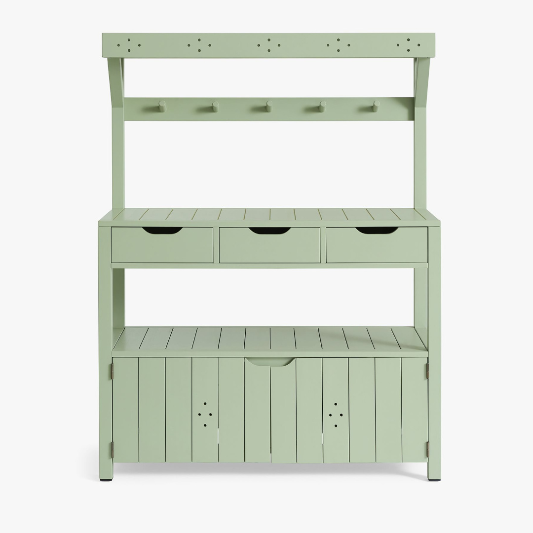 Sage green Potting station from Julia Berolzheimer collection with Pottery Barn. #pottingbench #gardeningfurniture