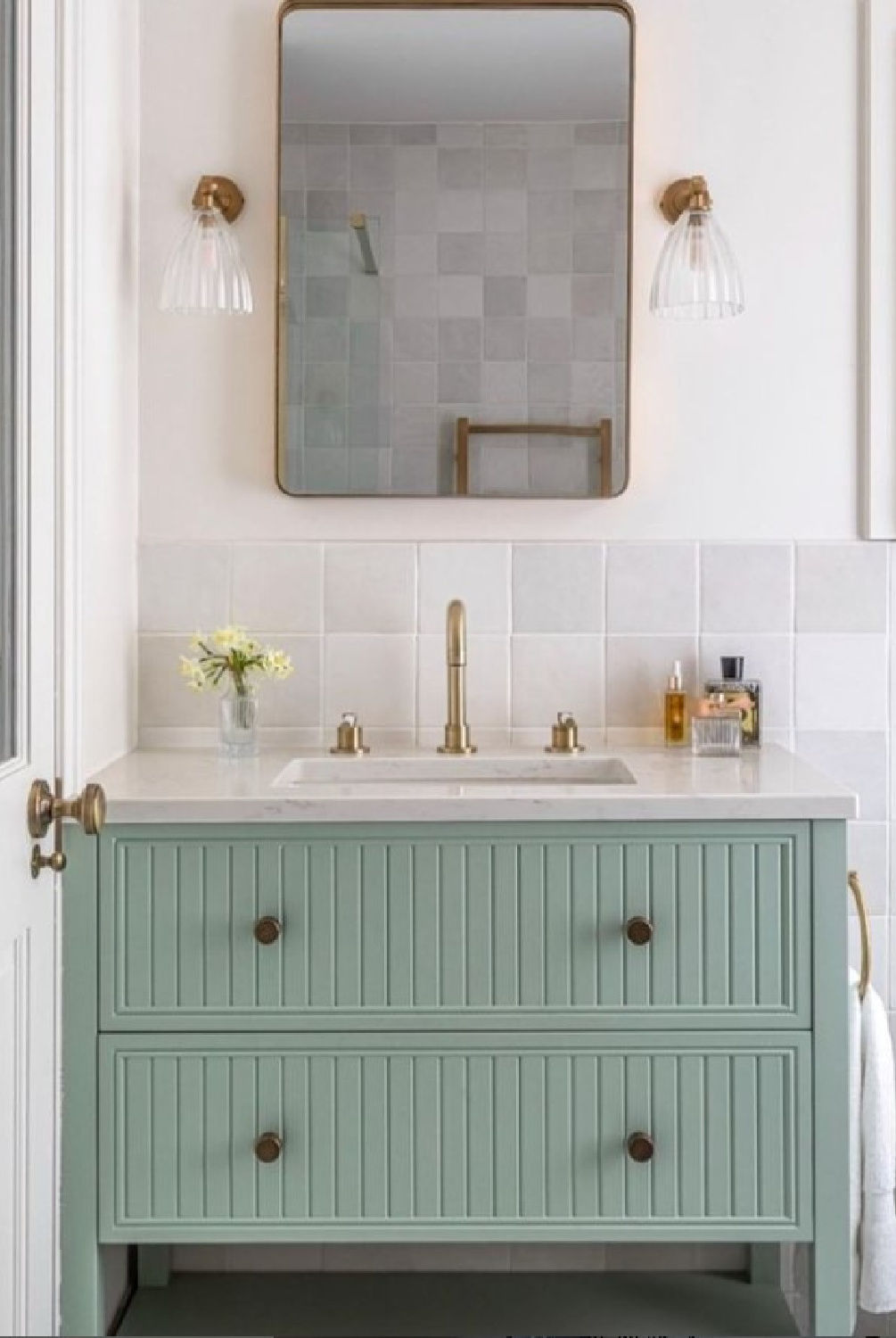 @laraclarkeinteriors - Farrow & Ball Green Blue on a bath vanity. #farrowandballgreenblue