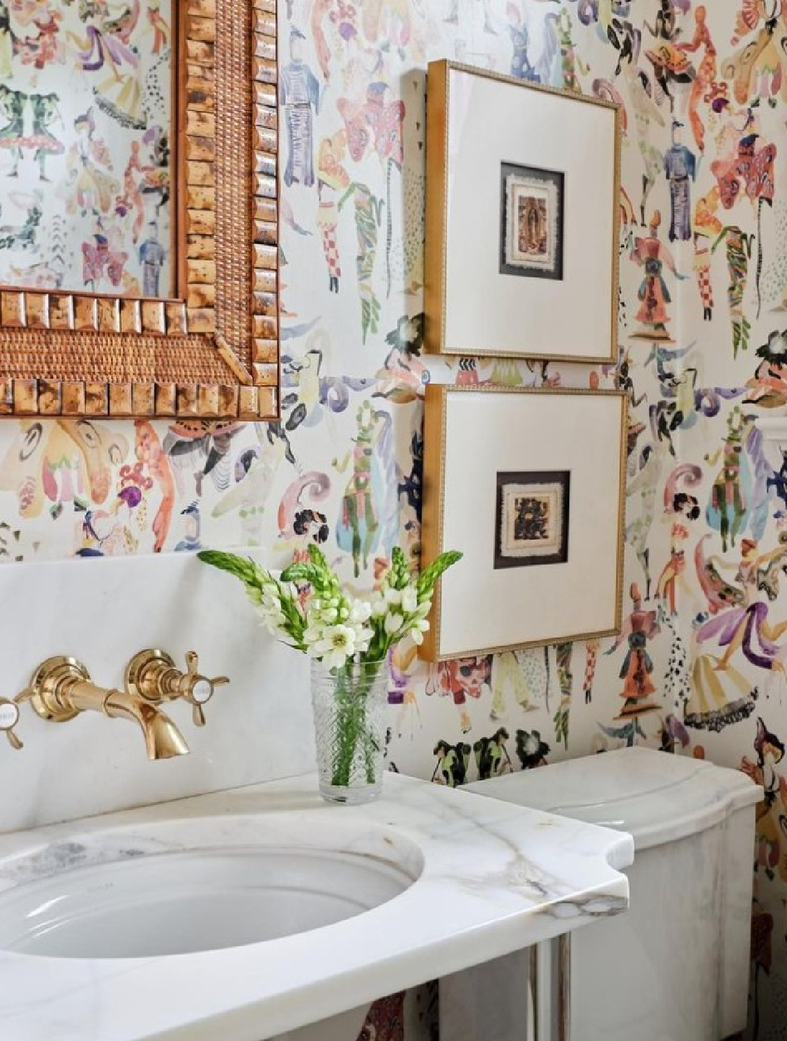 M. E. Beck Design - wallpapered bath with timeless design.