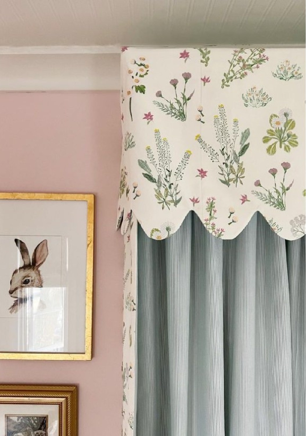 Beautiful custom details and scalloped valance in a bedroom by M. E. Beck Design.