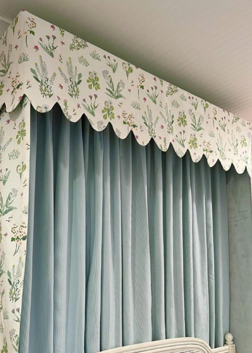 Scalloped valance in a bedroom by M. E. Beck Design.