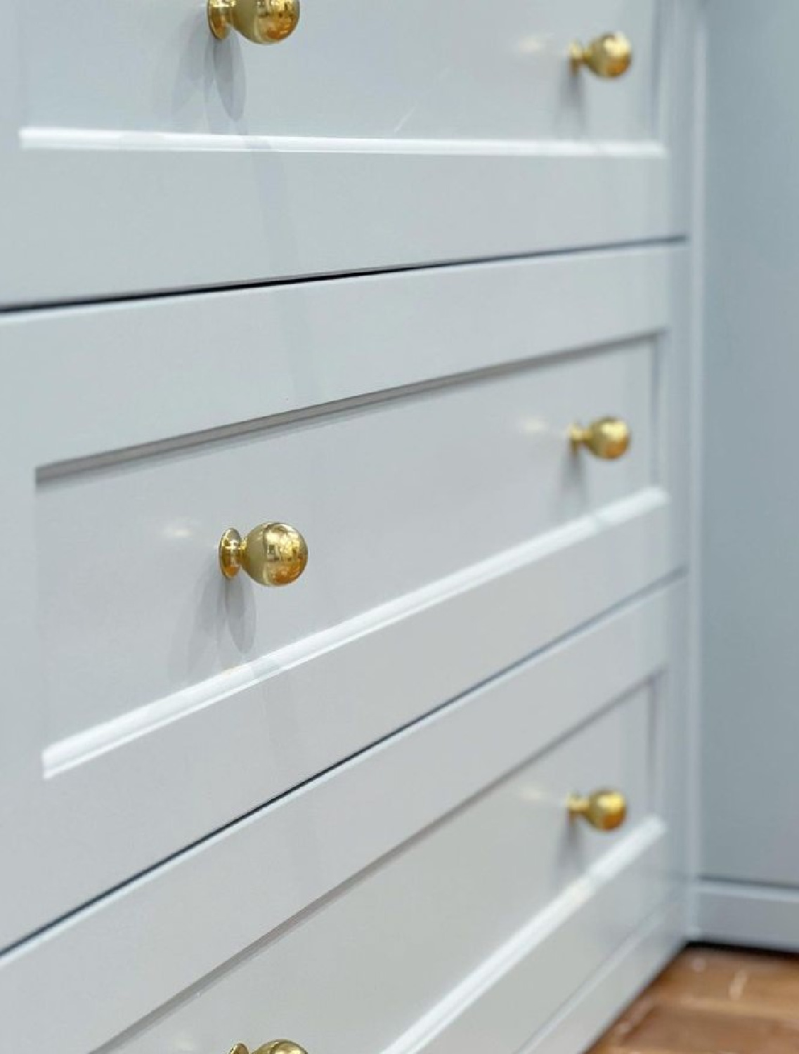 Farrow & Ball Light Blue painted cabinetry with brass hardware - M. E. Beck Design. #farrowandballlightblue